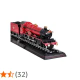 Model czerwonego pociągu Hogwarts Express na czarnym torowisku z napisem "HOGWARTS EXPRESS".
