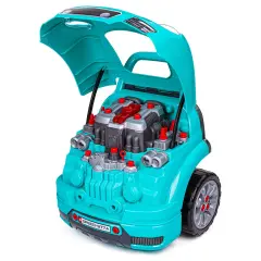 Turkusowy **zestaw małego mechanika** z otwartą maską, ukazujący plastikowy silnik z czerwonymi elementami i śrubami.