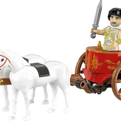 Rydwan rzymski z dwoma białymi końmi i wojownikiem z mieczem.
