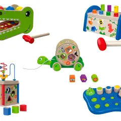 Kreatywne playtive zabawki drewniane: sorter kształtów, cymbałki krokodyl, kostki do wbijania, kostki z zwierzątkami i kostki do sortowania.
