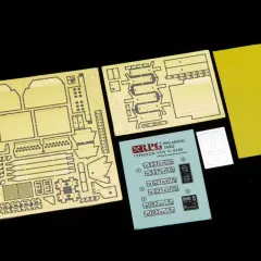 Zestaw fototrawionych elementów do modelu Kamaz Typhoon. Zawiera blaszki z detalami, arkusz kalkomanii i żółty papier ścierny.