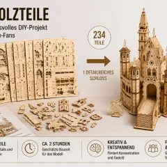 Zestaw 234 elementów do złożenia pięknego, drewnianego zamku. Idealny projekt dla fanów modeli.