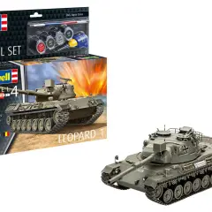 Zestaw modelarski Revell z modelem czołgu Leopard 1, farbami i pędzelkiem.