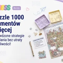 Kolorowe tacki z elementami puzzli i częściowo ułożony obrazek miasta. Artykuł o układaniu puzzli 1000 elementów i więcej.