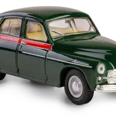 Zielona Warszawa M 20 z czerwonym pasem i napisem "ŁĄCZNOŚĆ" na drzwiach, model samochodu z lat 50.