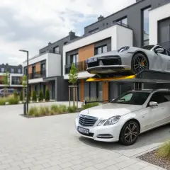 Nowoczesny garaż dwupoziomowy z dwoma luksusowymi autami, białym kombi na dole i szarym Porsche na górze, na tle osiedla.