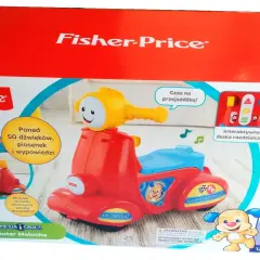 Kolorowy skuter zabawka Fisher-Price z interaktywną deską rozdzielczą. Uczy literek, liczb i kolorów, oferując ponad 50 dźwięków i piosenek.