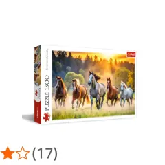 Piękne puzzle z koniem w roli głównej. Stado galopujących koni na tle zachodzącego słońca.