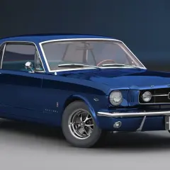 Błękitny Ford Mustang 65 GT z chromowanymi detalami i klasycznym grillem.