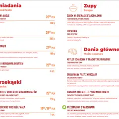 Menu z daniami, w tym intercity wagon restauracyjny z zupami i daniami głównymi.