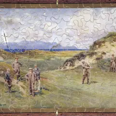 Kto wymyślił puzzle? Obraz przedstawia grę w golfa na wybrzeżu, z mężczyznami w strojach z epoki.