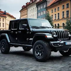 Czarny Jeep Gladiator na brukowanej ulicy, jeden z wielu imponujących jeep modele.