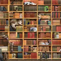 Koty w bibliotece, wylegujące się na półkach z książkami. To jak puzzle biblioteka, gdzie każdy kot to element układanki.
