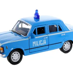 Niebieski fiat 125p milicja z niebieską syreną na dachu, gotowy do akcji.