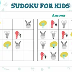 Sudoku zasady dla dzieci: plansza z zagadkami i rozwiązaniami, gdzie zamiast cyfr są urocze zwierzątka: lew, myszka, flaming i osiołek.