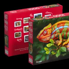 Kolorowe puzzle kameleon od Cherry Pazzi, 1000 elementów. Zestaw zawiera obrazek z jaszczurką na gałęzi.
