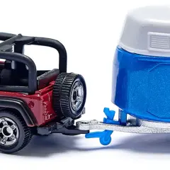 Czerwony jeep z przyczepą, gotowy na przygodę.