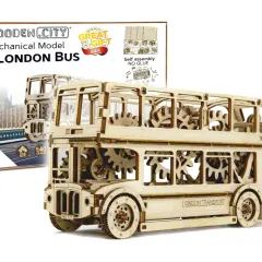 Drewniany, mechaniczny model autobusu londyńskiego z widocznymi zębatkami. Idealny na prezent dla miłośników Anglii.