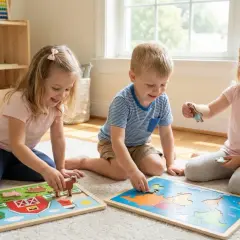 Dzieci bawią się drewnianymi puzzlami 3d: na jednym jest wieś z zagrodą, na drugim mapa świata.