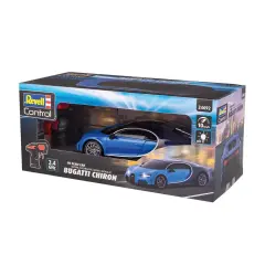 Niebieska zabawka Bugatti Chiron na opakowaniu Revell Control z pilotem.