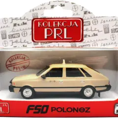 Model FSO Polonez w kolorze beżowym, zapakowany w pudełko z napisem "Kolekcja PRL".