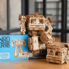 Drewniany robot i ciężarówka z serii Modern Machinery, to wspaniałe puzzle 3d do samodzielnego złożenia.