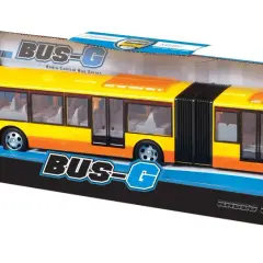 Żółto-pomarańczowy przegubowy autobus na pilota, zapakowany w pudełko z napisem "BUS-G Radio Control Bus Series".