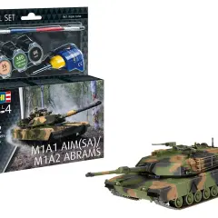 Zestaw do sklejania czołgu M1A1 Abrams, zawiera farby i pędzel. Model czołgu w kamuflażu leśnym.
