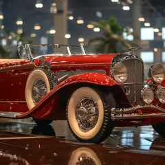 Błyszczący, czerwony kabriolet Duesenberg Model J z białymi oponami i chromowanymi detalami, stojący na lśniącej podłodze.