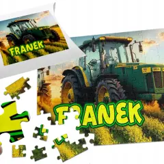 Układanka z traktorem dla Franka. Zielone maszyny rolnicze na tle kwitnącego pola.