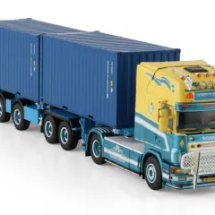 Żółto-niebieska Scania z dwoma niebieskimi kontenerami. Model ciężarówki Scania kontener, gotowy do transportu.