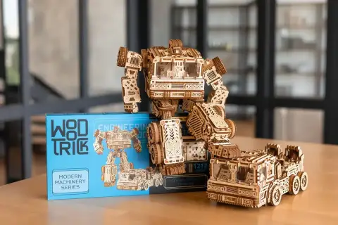 Drewniany robot i ciężarówka z serii Modern Machinery, to wspaniałe puzzle 3d do samodzielnego złożenia.
