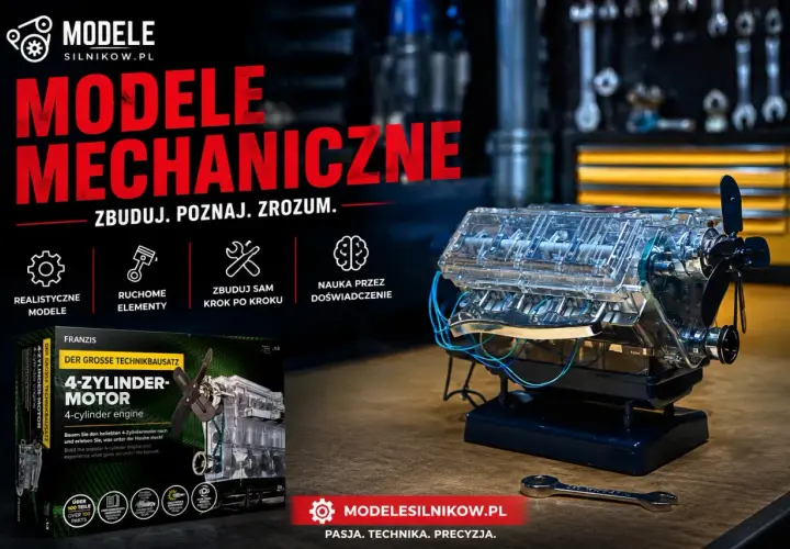 Przezroczysty model 4-cylindrowego silnika, który można zbudować samodzielnie. Idealny do nauki i poznawania mechaniki.