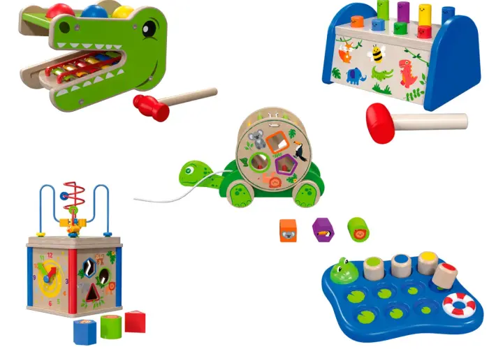 Kreatywne playtive zabawki drewniane: sorter kształtów, cymbałki krokodyl, kostki do wbijania, kostki z zwierzątkami i kostki do sortowania.