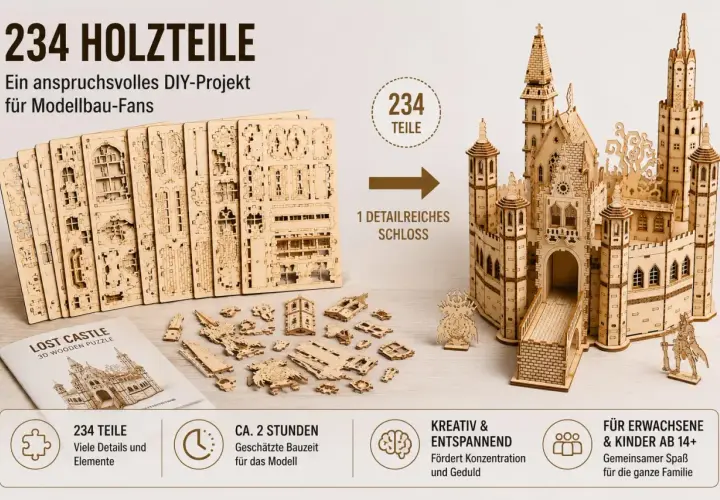 Zestaw 234 elementów do złożenia pięknego, drewnianego zamku. Idealny projekt dla fanów modeli.