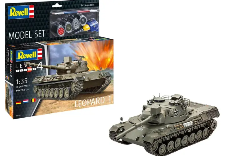 Zestaw modelarski Revell z modelem czołgu Leopard 1, farbami i pędzelkiem.