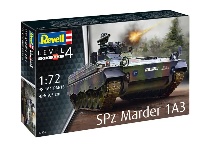 Model bojowego pojazdu opancerzonego SPz Marder 1A3 w skali 1:72, gotowy do akcji z płonącym pociskiem.