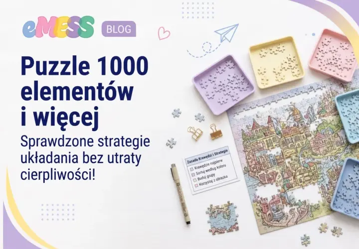 Kolorowe tacki z elementami puzzli i częściowo ułożony obrazek miasta. Artykuł o układaniu puzzli 1000 elementów i więcej.