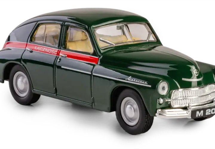 Zielona Warszawa M 20 z czerwonym pasem i napisem "ŁĄCZNOŚĆ" na drzwiach, model samochodu z lat 50.