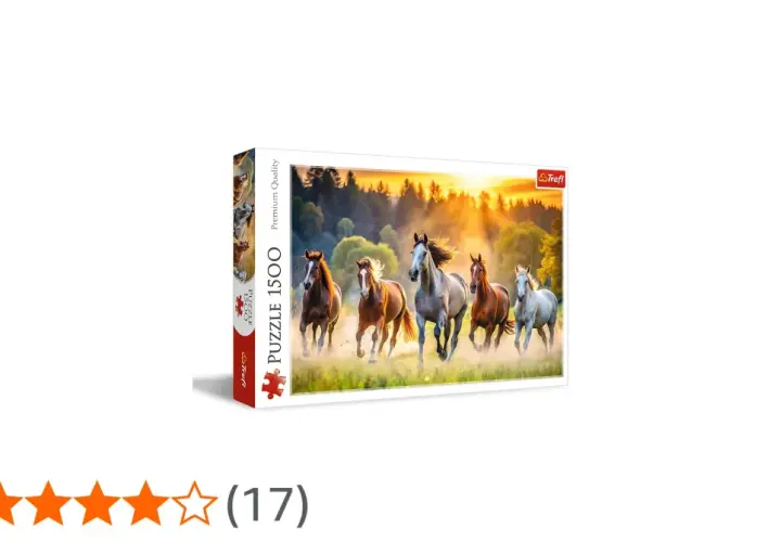 Piękne puzzle z koniem w roli głównej. Stado galopujących koni na tle zachodzącego słońca.