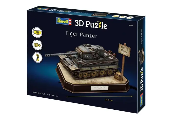 Zbuduj własny **puzzle czołg** Tiger Panzer z zestawu Revell 3D Puzzle. Model ma 200 części i jest przeznaczony dla osób powyżej 10 lat.