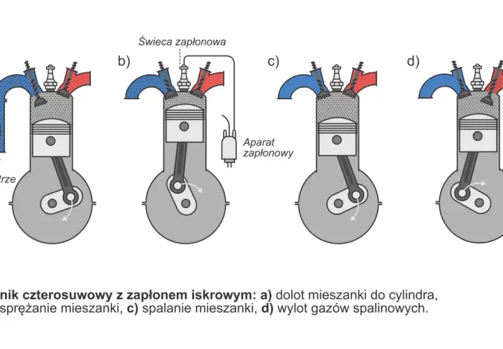 Schemat działania silnika spalinowego samochodowego: dolot, sprężanie, spalanie i wylot mieszanki.
