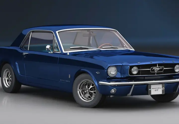 Błękitny Ford Mustang 65 GT z chromowanymi detalami i klasycznym grillem.