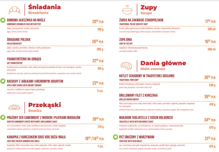 Menu z daniami, w tym intercity wagon restauracyjny z zupami i daniami głównymi.