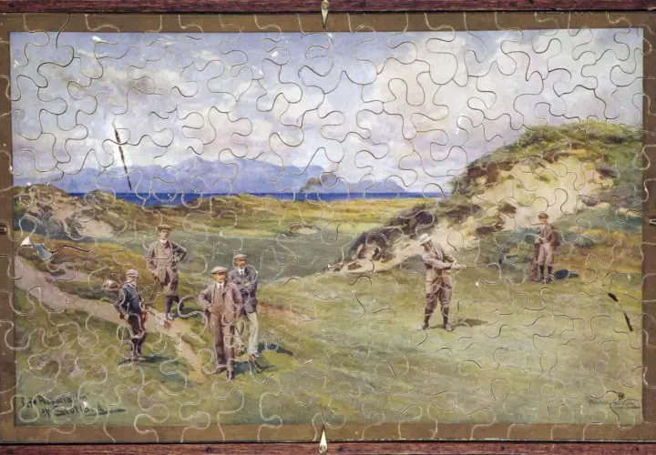 Kto wymyślił puzzle? Obraz przedstawia grę w golfa na wybrzeżu, z mężczyznami w strojach z epoki.