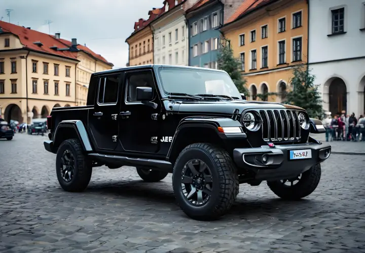 Czarny Jeep Gladiator na brukowanej ulicy, jeden z wielu imponujących jeep modele.