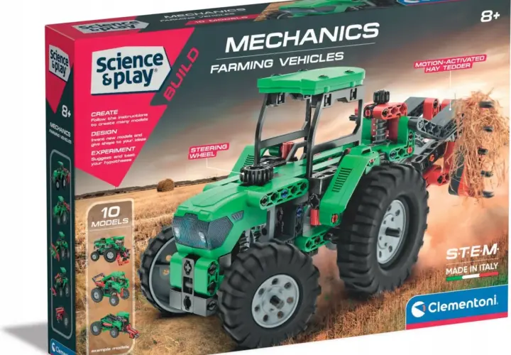 Zestaw Clementoni "Mechanics Farming Vehicles" to fantastyczne **zabawki mechaniczne dla dzieci**, które pozwalają zbudować traktor z ruchomym podajnikiem siana.