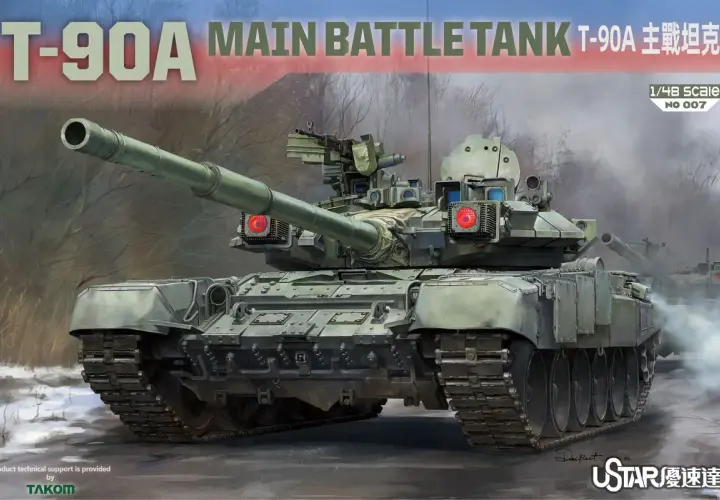 Potężny czołg T-90A w skali 1/48, gotowy do akcji na tle zimowego krajobrazu.