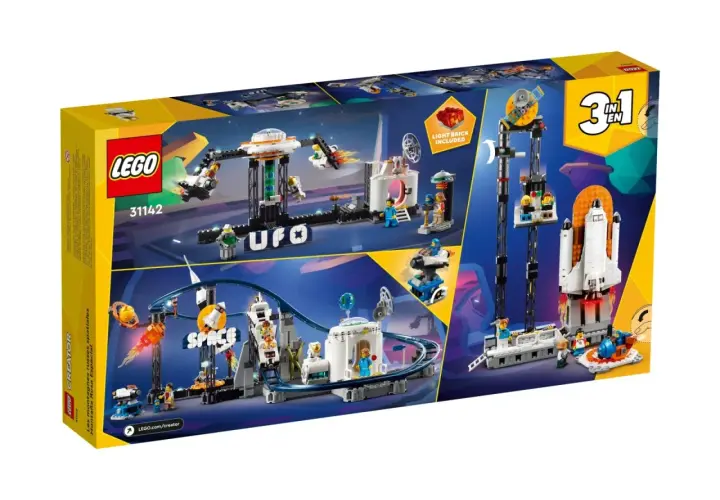 Zestaw LEGO Creator 3 w 1 z kosmiczną kolejką górską zabawką, statkiem kosmicznym i innymi modelami.