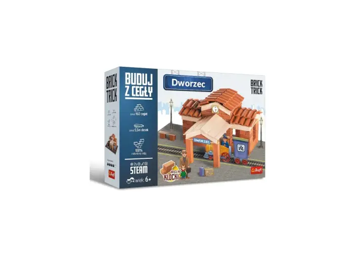 Zestaw Brick Trick Dworzec pozwala zbudować stację kolejową z prawdziwych cegieł. Idealny do podróży w świat wyobraźni!